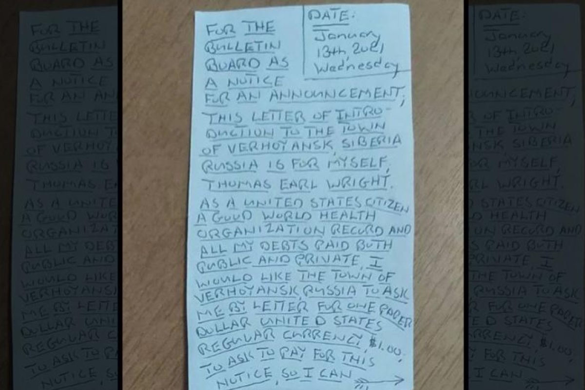 Un estadounidense envía una misteriosa carta a los funcionarios de una ciudad rusa