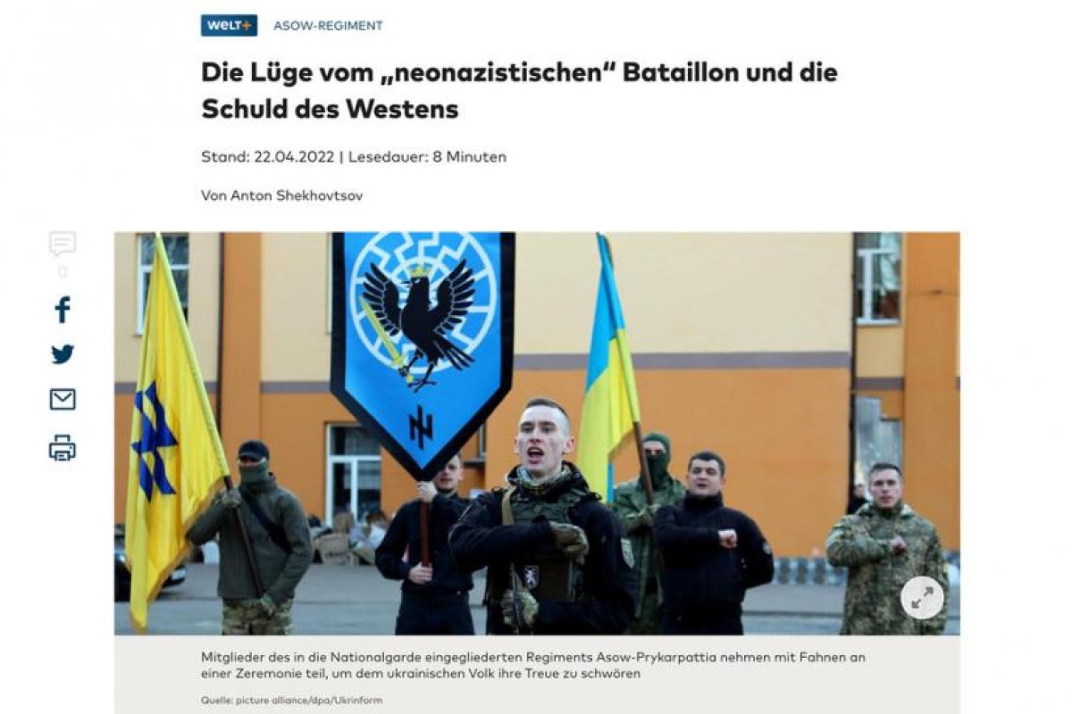 Die Welt ilustra un artículo que niega los lazos entre el batallón Azov y el neonazismo con una imagen llena de símbolos nazis