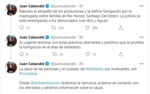El ministro Juan Cabandié repudió la fumigación sufrida por familias riohondeñas